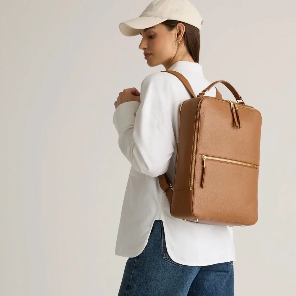 Quince NWOT Marlow Italian Leather Laptop Backpack in Cognac